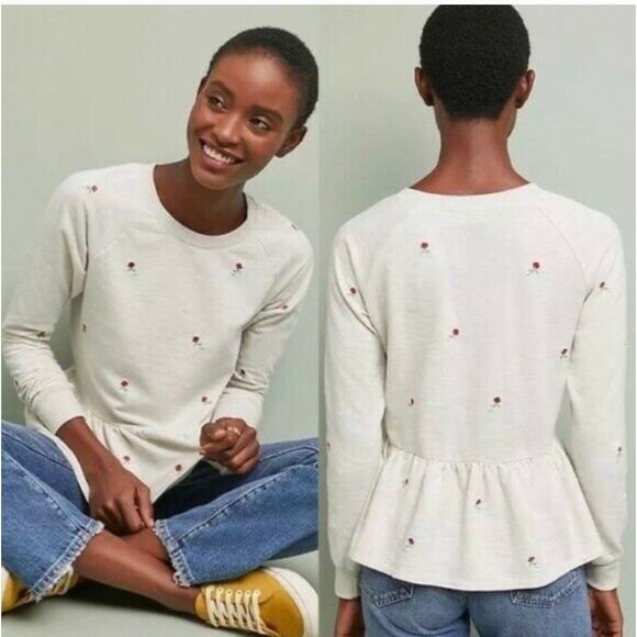 t.la Sweater Womens X Small Embroidered Rosebud Peplum Sweatshirt‎ Anthropologie - Picture 1 of 8